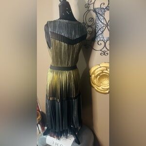 MaxMara Metallic Gold and Black Pleated Midi Dress